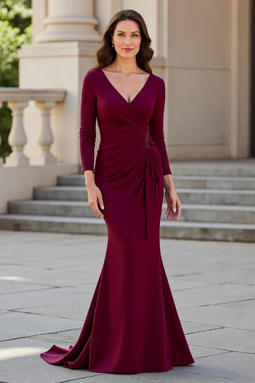 Mermaid V-Neck Stretch Satin Sweep Train Burgundy Mother of the Bride Dress